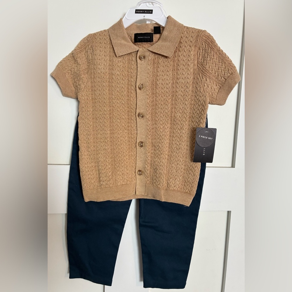 Perry Ellis Tan Short-Sleeve Knit Button-Front Polo and Navy Pant Set